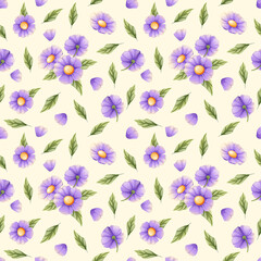 Seamless pattern with purple flowers and green leaves. Wallpaper, fabric, textile, background