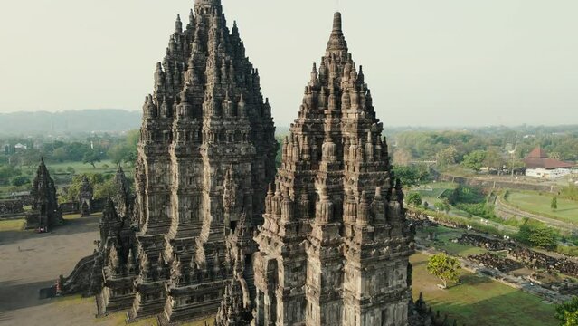 Aerial Shot of Candi Prambanan Temple, in Yogyakarta, Central Java, Indonesia
