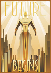 Art Deco Golden Flying Man Poster. 1920s Style Retro Future Illustration
