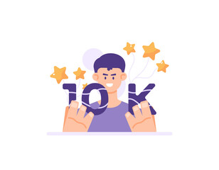 illustration of a man holding the number 10k. the concept of celebrating the party of achieving 10k followers, subscribers, buyers and sales. flat cartoon style. vector design. ui, landing page
