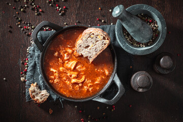 Homemade and spicy tripe soup as traditional soup in Poland.