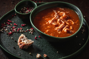 Spicy and aromatic tripe soup made of vegetables and beef.