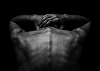 Black-white silhouette of female shoulders and hands . Female silhouette.