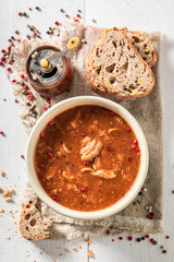 Spicy and aromatic tripe soup spiced with red pepper.