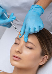 Fototapeta premium Cosmetologist makes rejuvenating anti wrinkle injections on the face of a beautiful woman. Female aesthetic cosmetology in a beauty salon.