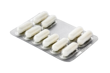 Silver packaging of white color tablets isolated on white background