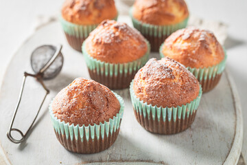 Tasty and fresh yoghurt cupcake with caster sugar.