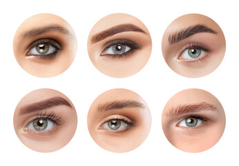 Eyes with beautiful make-up of different girls. Looking at the camera. Professional makeup and...