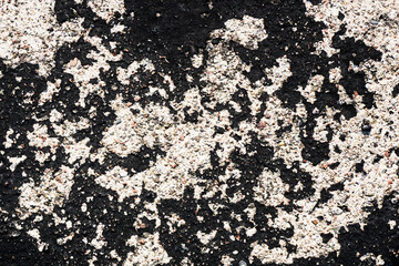 Black paint peel off texture. Bad condition surface. Scratched lines background. White and black distressed grunge dry pieces pattern. Dirty and destroyed surface. War destruction texture.