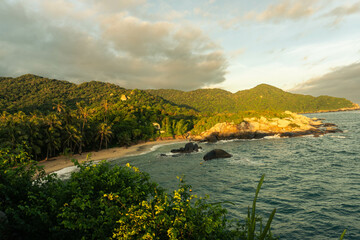 view of the sea and mountains, Tayrona beach, Colombia