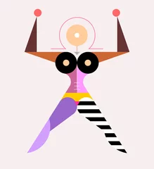 Poster Bauhaus Woman Body Design Gekleurd ontwerp geïsoleerd op een witte achtergrond Bauhaus vrouwelijk lichaam Model vectorillustratie. Abstracte menselijke figuur met open benen en handen omhoog. ©  danjazzia