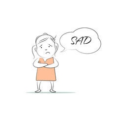 Sad. Speech bubble character.
Doodle style character. An illustration of simple human movements and emotions.
