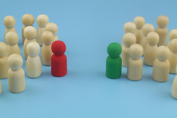 Agreement, coordination, negotiation and discussion concept. Groups of people figures with red and green leaders.
