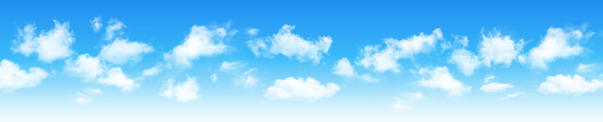 Naklejka na ściany i meble Sunny day background panorama, blue sky with white cumulus clouds, natural summer or spring background with perfect hot day weather illustration.