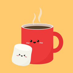 Funny Marshmallows characters  and cup of coffee. Marshmallows character design. Dessert cartoon.
