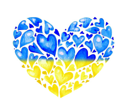 イラスト素材: 手描き水彩のハートマークで表現したウクライナの国旗
