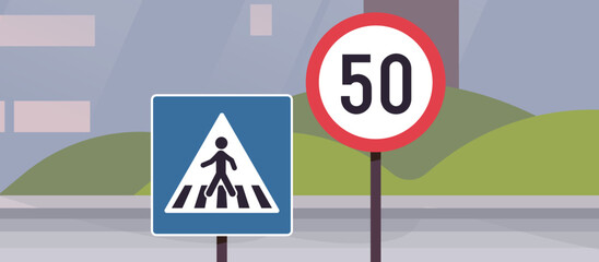 Traffic signs on city road and transportation simple concept flat vector illustration.
