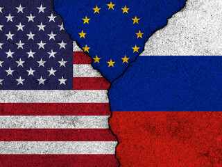 USA and EU sanctions against Russia. Flags on cracked wall background. Military conflict concept photo