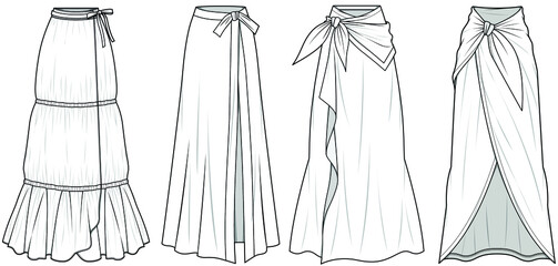Women Sarong Long Skirt, wrap skirt, Casual Wrap Maxi Skirt, Tiered Wrap Skirt, Wrap Around Skirt Fashion Illustration, Vector, CAD, Technical Drawing, Flat Drawing. - obrazy, fototapety, plakaty