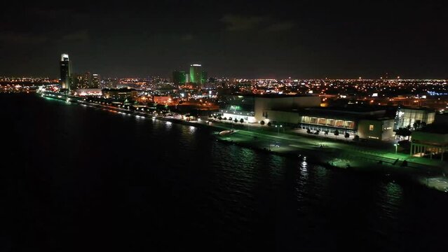 Corpus Christi at Night, Aerial Flying, Corpus Christi Bay, Downtown, Texas