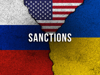 USA sanctions against Russia. Bloody crime against civilians in Ukraine concept background with...