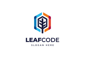 Code leaf leaves tree connect vector logo design, Creative tech ecology branch growth logo design