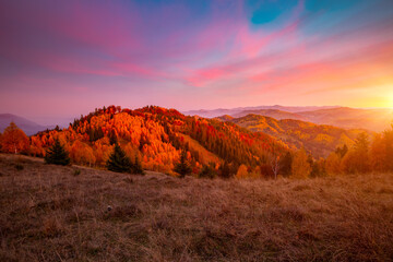 Splendid autumn scene of a rolling hills at sunset. Location Carpathian mountains, Ukraine.