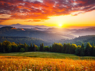 Spectacular sunset in the valley of the mountains. Carpathian mountains, Ukraine.