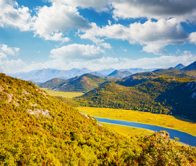 Picturesque view of the meander of the Rijeka Crnojevica. National park Skadar Lake, Montenegro.