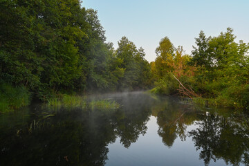 The river is covered with morning fog at sunrise, surrounded by a dense green forest. Wild nature. Active weekend vacations wild nature outdoor.