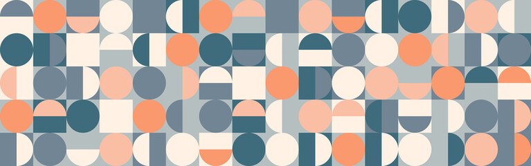 Trendy vector abstract geometric background with circles in retro scandinavian style, cover pattern seamless. Graphic pattern of simple shapes in pastel colors, abstract mosaic.