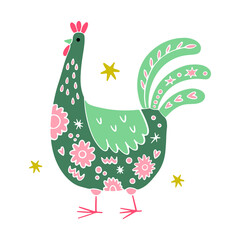 A doodle-style rooster, hand-drawn. Vector illustration, folk colors