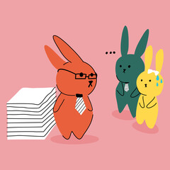 Rabbit character. Supervisors and office workers. Hand drawn vector. On a pink background. Decorative vector illustration.
