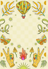 A large set of A4 hippie banners in retro 70s style, vector elements. Cartoon funny mushrooms, flowers, a rainbow, a set of vector elements in vintage style, an inscription. For banners, fabric, print