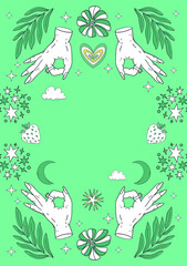 A large set of A4 hippie banners in retro 70s style, vector elements. Cartoon funny mushrooms, flowers, a rainbow, a set of vector elements in vintage style, an inscription. For banners, fabric, print