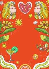 A large set of A4 hippie banners in retro 70s style, vector elements. Cartoon funny mushrooms, flowers, a rainbow, a set of vector elements in vintage style, an inscription. For banners, fabric, print