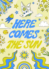 A large set of A4 hippie banners in retro 70s style, vector elements. Cartoon funny mushrooms, flowers, a rainbow, a set of vector elements in vintage style, an inscription. For banners, fabric, print