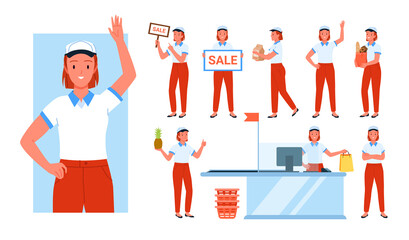 Set of seller girl during the work day in different poses. Smiling greeting sales assistant, kindly shop cashier, promotional products salesperson flat vector illustration