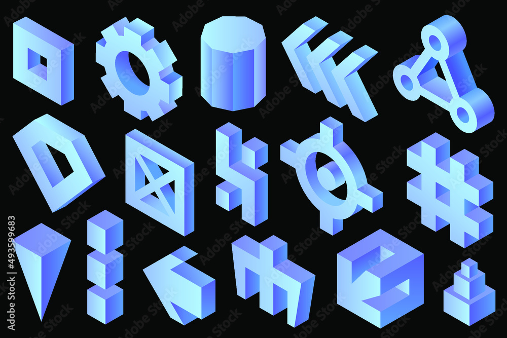 Poster abstract vector shapes, 3d rendering. abstract isometric, 3d shapes in blue color isolated on black 