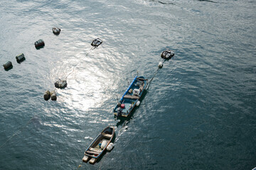 海に浮かぶ小舟を見下ろす　漁船　瀬戸内海