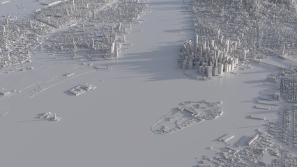 Fototapeta na wymiar New York as a white 3D model. Aerial view of the corner from Manhattan to the Statue of Liberty.