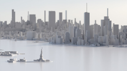 New York as a white 3D model. The Statue of Liberty in focus and the New York skyline in the background.