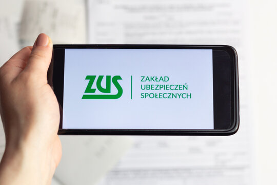 Katowice, Poland &ndash; March 16, 2022: ZUS (Zakład Ubezpieczeń Społecznych) logo displayed on a smartphone. 