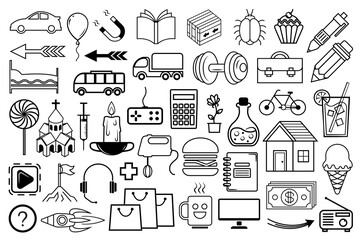 Random icon set. Black icons with thin line isolated on white background. Black linear symbols, modern signs.