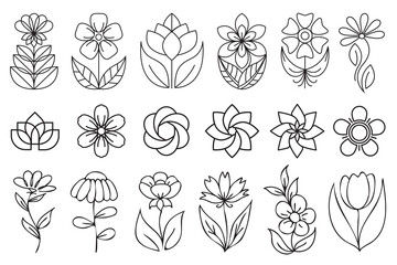 Fototapeta na wymiar Outline floral icons. Set of outline flower icons with black thin line isolated on white background. Line art flowers illustration, simple geometric symbols, abstract petal signs.