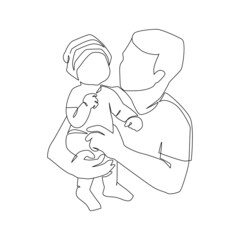 Father little kid line drawing. Abstract family continuous line art. Young dad hugging his son. Dad and son bonding