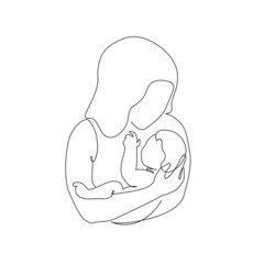 Abstract family continuous line art. Young mom hugging her little baby