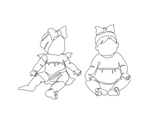Continuous one line drawing of newborn cute baby girls.