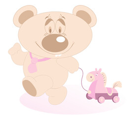 Fototapeta premium Cute Teddy Bear pulling a toy horse 