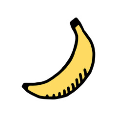 Banana doodle icon isolated on white background. Fruit cartoon vector illustration.